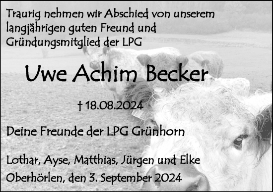 Traueranzeige von Uwe Achim Becker von Hinterländer Anzeiger