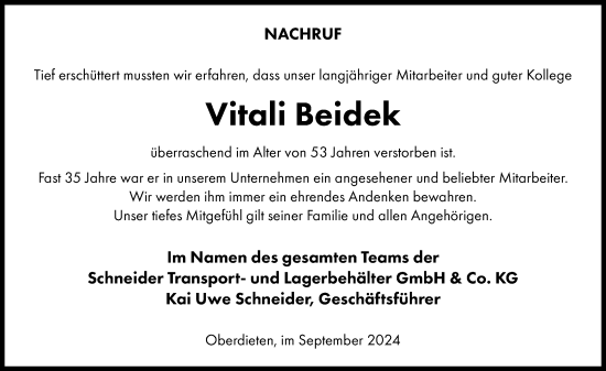 Traueranzeige von Vitali Beidek von Hinterländer Anzeiger