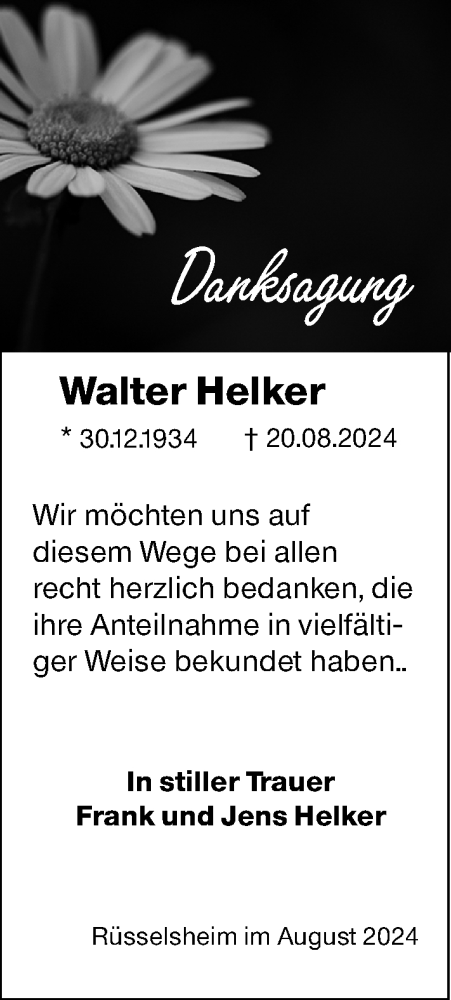 Traueranzeige von Walter Helker von Rüsselsheimer Echo