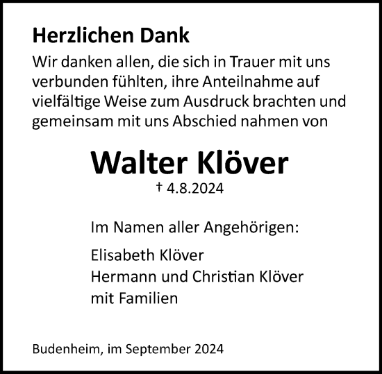 Traueranzeige von Walter Klöver von Allgemeine Zeitung Mainz