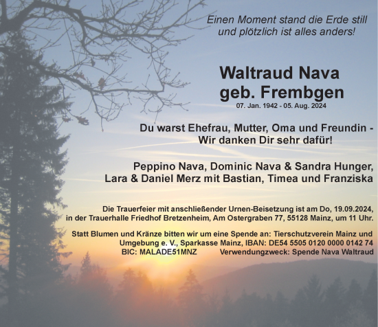 Traueranzeige von Waltraud Nava von Allgemeine Zeitung Mainz