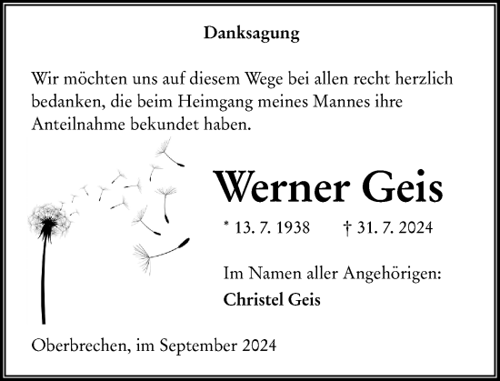 Traueranzeige von Werner Geis von Camberger Anzeiger
