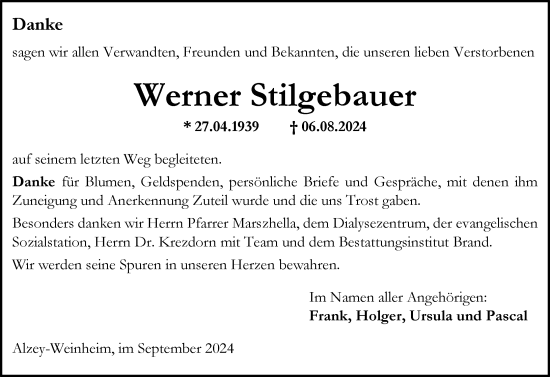 Traueranzeige von Werner Stilgebauer von Allgemeine Zeitung Alzey