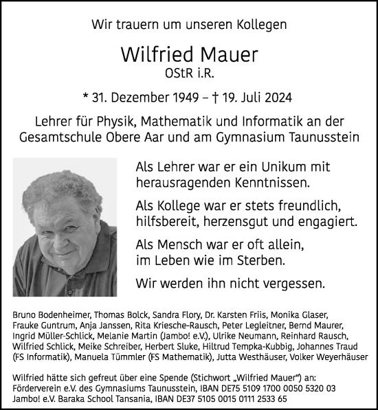 Traueranzeige von Wilfried Mauer von Idsteiner Land/Untertaunus