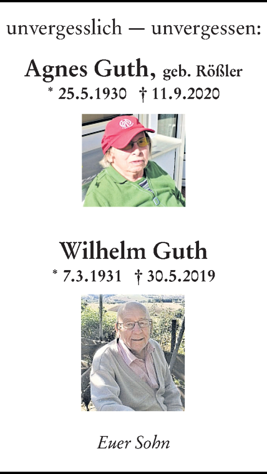 Traueranzeige von Wilhelm Guth von Allgemeine Zeitung Mainz