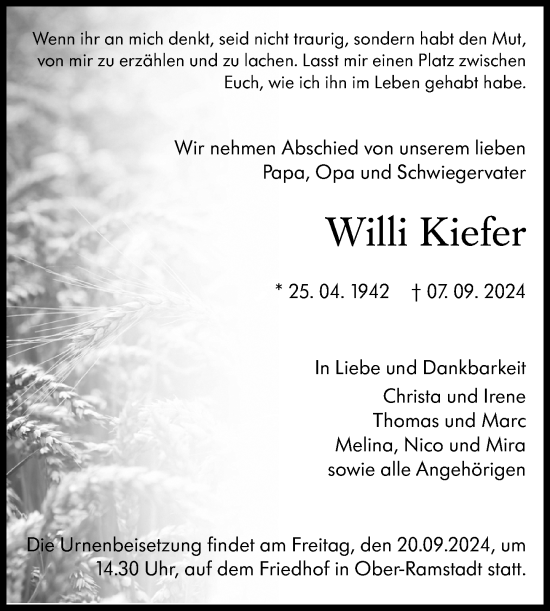 Traueranzeige von Willi Kiefer von Darmstädter Echo