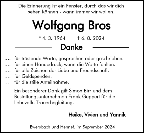 Traueranzeige von Wolfgang Bros von Dill Block