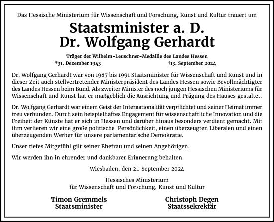 Traueranzeige von Wolfgang Gerhardt von Wiesbadener Kurier