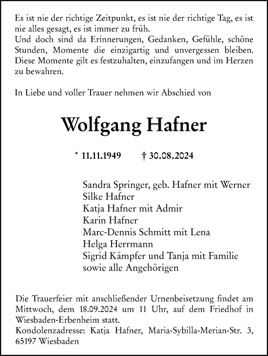 Traueranzeige von Wolfgang Hafner von Wiesbadener Kurier