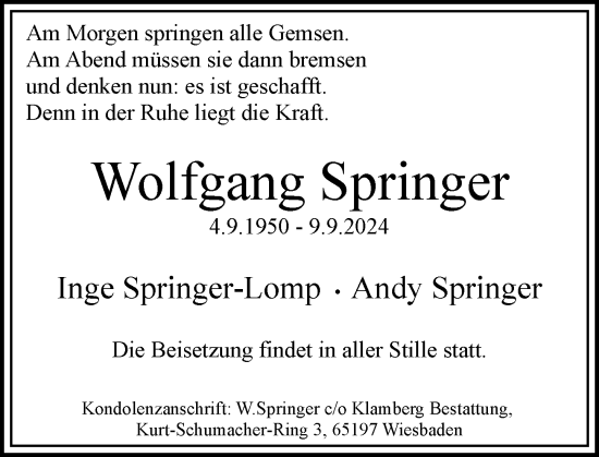 Traueranzeige von Wolfgang Springer von Wiesbadener Kurier