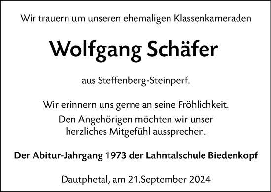 Traueranzeige von Wolfgng Schäfer von Hinterländer Anzeiger