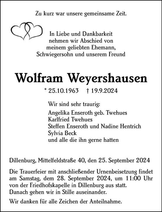 Traueranzeige von Wolfram Weyershausen von Dill Block