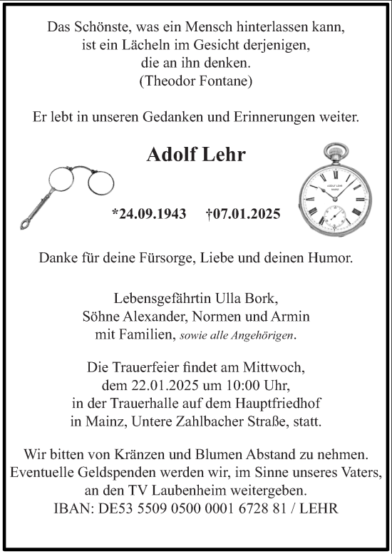 Traueranzeige von Adolf Lehr von Allgemeine Zeitung Mainz