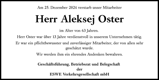 Traueranzeige von Aleksej Oster von Wiesbadener Kurier