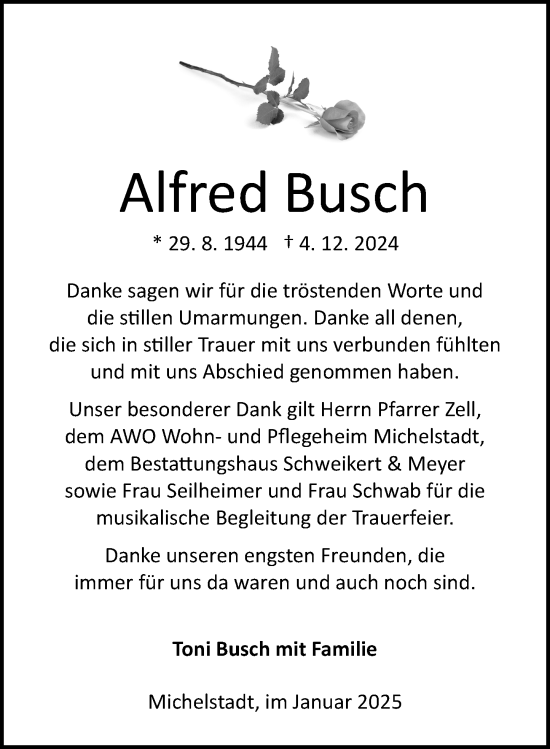 Traueranzeige von Alfred Busch von Odenwälder Echo