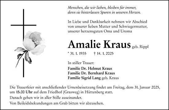 Traueranzeige von Amalie Kraus von Wetzlarer Neue Zeitung