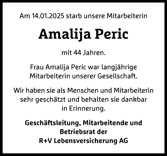 Traueranzeige von Amalija Peric von Wiesbadener Kurier