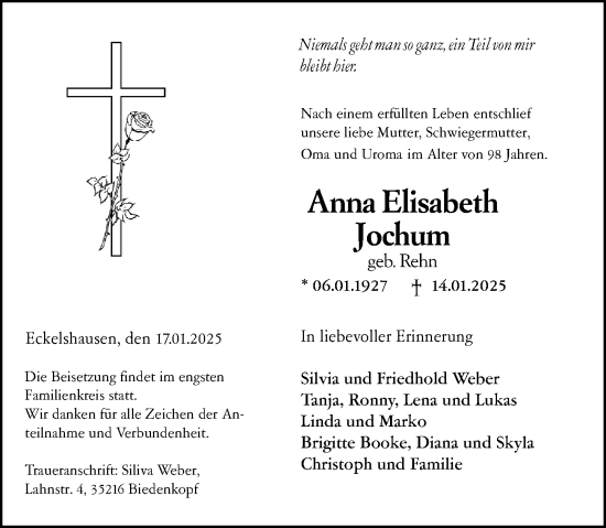 Traueranzeige von Anna Elisabeth Jochum von Hinterländer Anzeiger