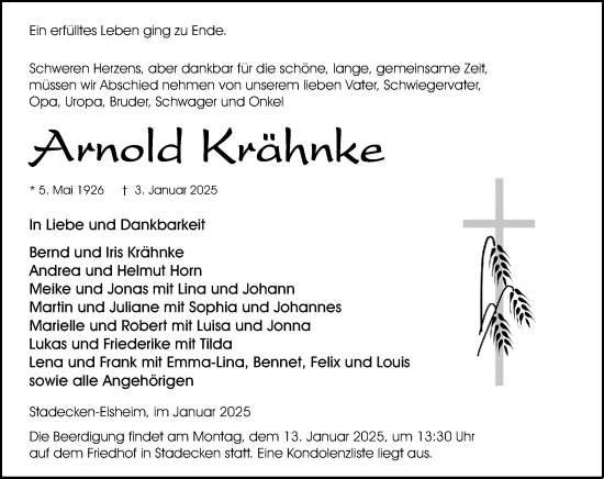 Traueranzeige von Arnold Krähnke von Allgemeine Zeitung Mainz