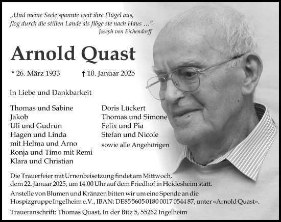 Traueranzeige von Arnold Quast von Allgemeine Zeitung Rheinhessen-Nahe