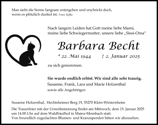 Traueranzeige von Barbara Becht von Allgemeine Zeitung Mainz