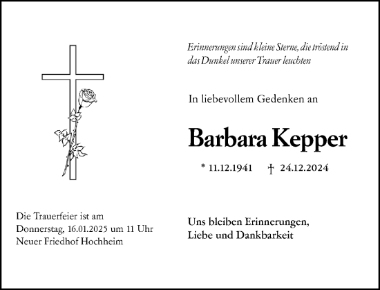 Traueranzeige von Barbara Kepper von Hochheimer Zeitung