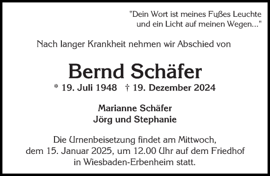 Traueranzeige von Bernd Schäfer von Wiesbadener Kurier