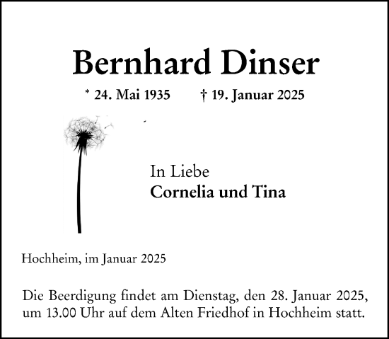 Traueranzeige von Bernhard Dinser von Hochheimer Zeitung