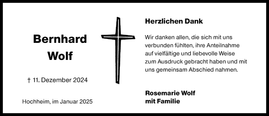 Traueranzeige von Bernhard Wolf von Hochheimer Zeitung