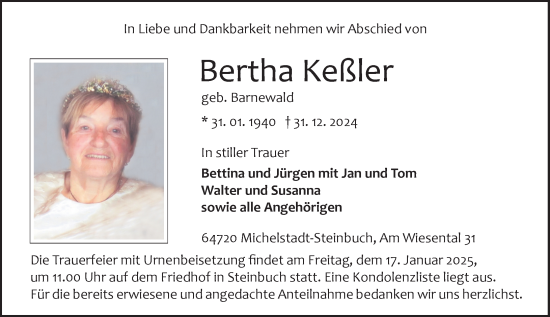 Traueranzeige von Bertha Keßler von Odenwälder Echo