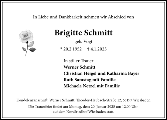 Traueranzeige von Brigitte Schmitt von Wiesbadener Kurier