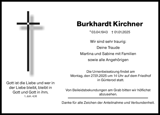 Traueranzeige von Burkhardt Kirchner von Hinterländer Anzeiger