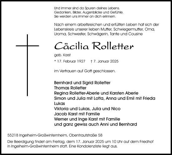 Traueranzeige von Cäcilia Rolletter von Allgemeine Zeitung Rheinhessen-Nahe