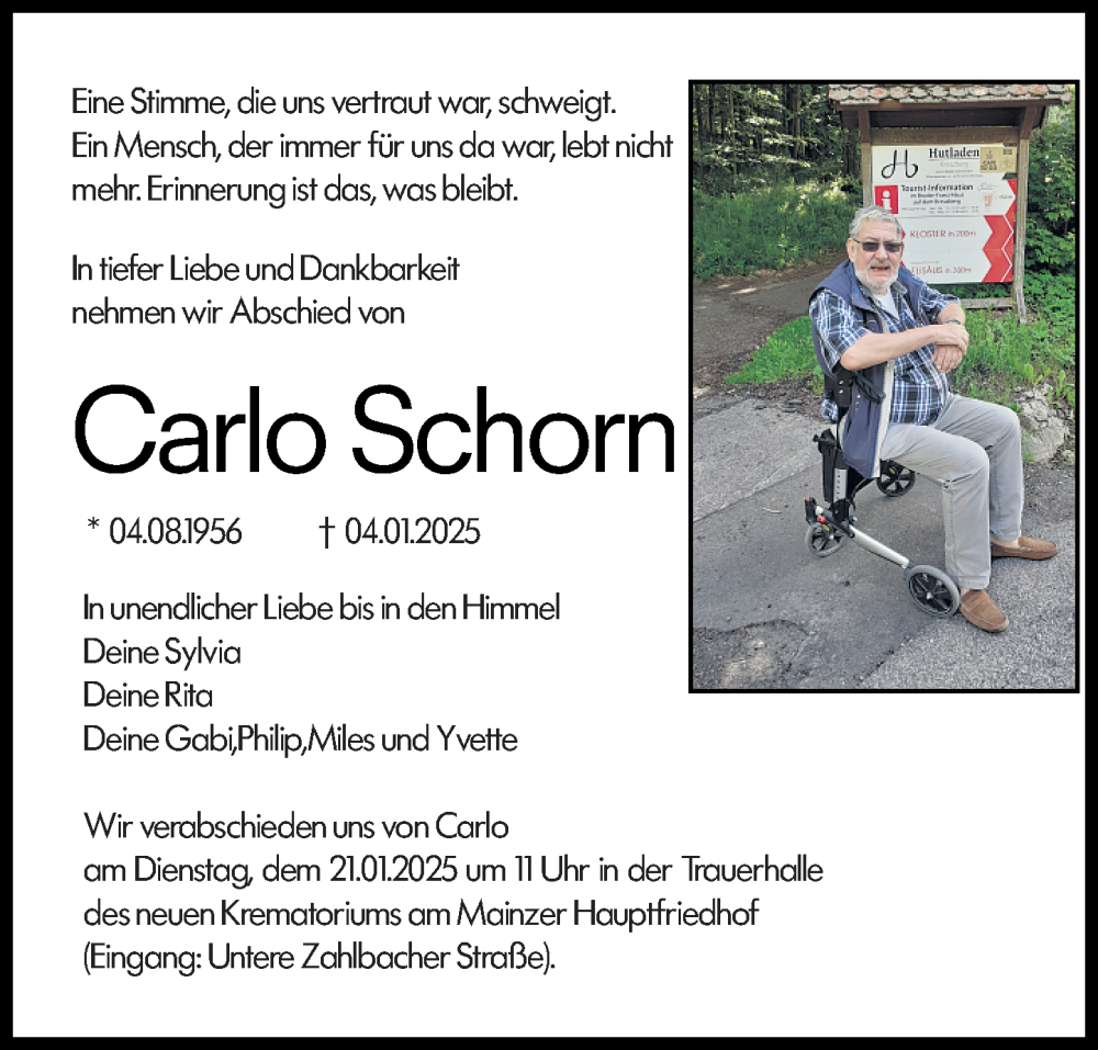  Traueranzeige für Carlo Schorn vom 11.01.2025 aus Allgemeine Zeitung Mainz