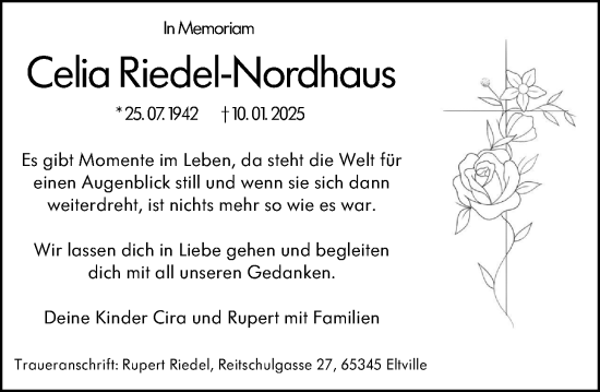 Traueranzeige von Celia Riedel-Nordhaus von Wiesbadener Kurier