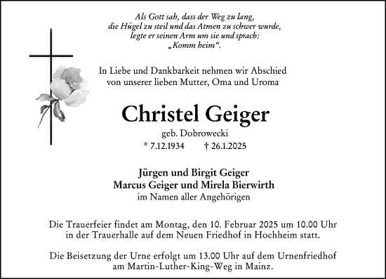 Traueranzeige von Christel Geiger von Hochheimer Zeitung