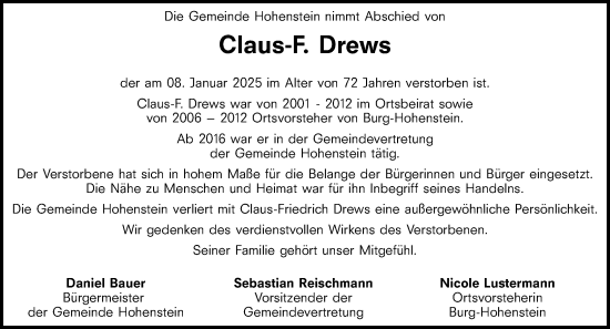 Traueranzeige von Claus-Friedrich Drews von Idsteiner Land/Untertaunus