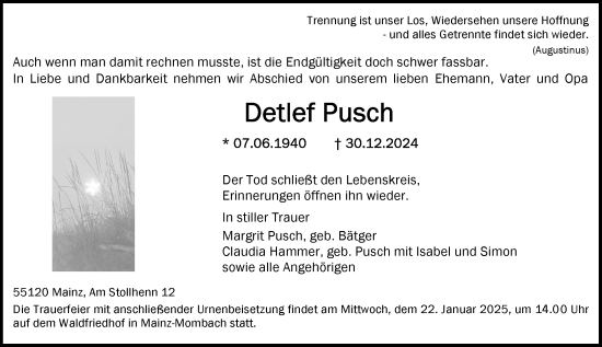 Traueranzeige von Detlef Pusch von Allgemeine Zeitung Mainz