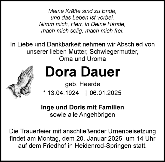 Traueranzeige von Dora Dauer von Idsteiner Land/Untertaunus