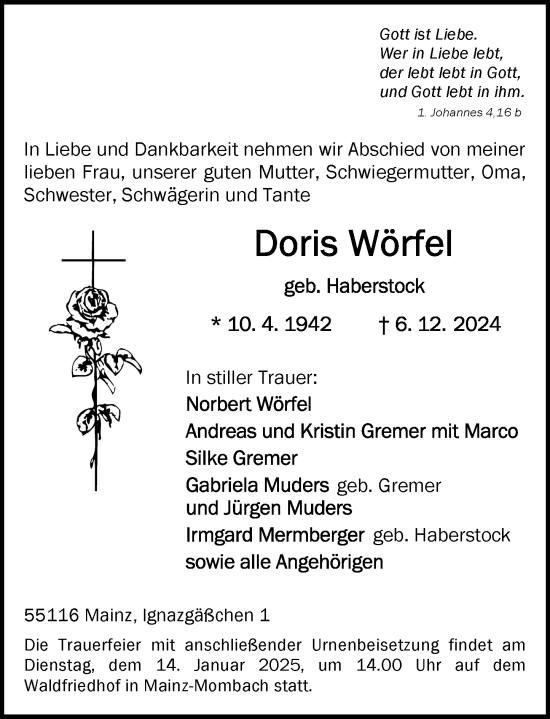 Traueranzeige von Doris Wörfel von Allgemeine Zeitung Mainz