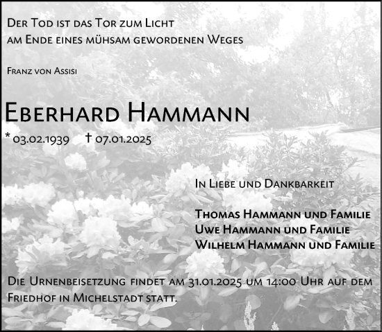 Traueranzeige von Eberhard Hammann von Odenwälder Echo