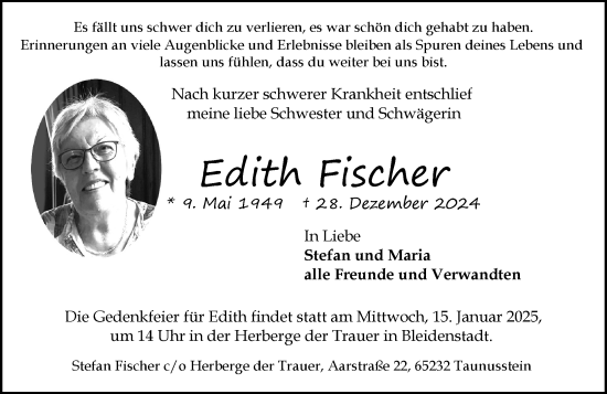 Traueranzeige von Edith Fischer von Wiesbadener Kurier
