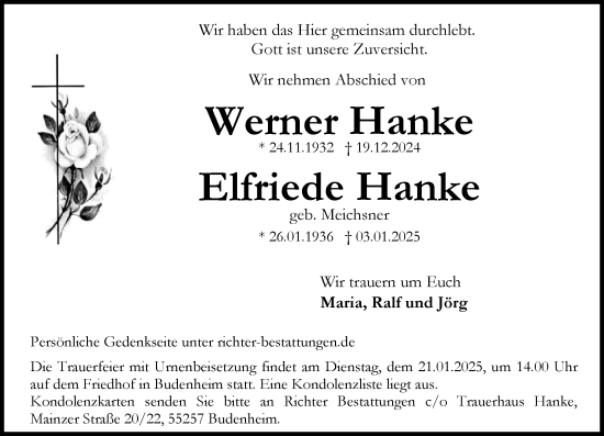 Traueranzeige von Elfriede Hanke von Allgemeine Zeitung Mainz