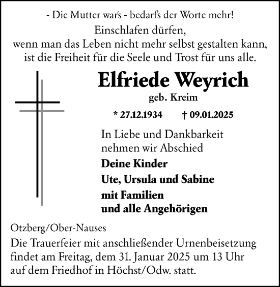 Traueranzeige von Elfriede Weyrich von Odenwälder Echo