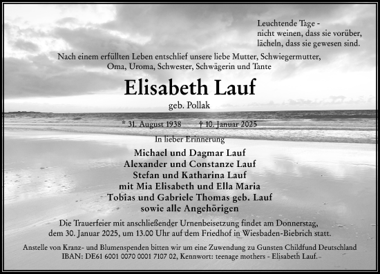 Traueranzeige von Elisabeth Lauf von Wiesbadener Kurier