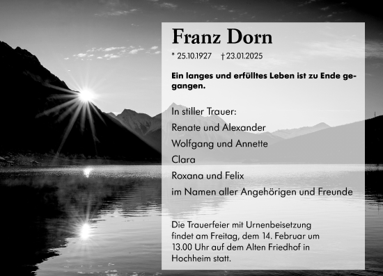 Traueranzeige von Franz Dorn von Hochheimer Zeitung