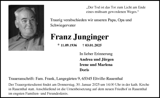 Traueranzeige von Franz Junginger von Wiesbadener Kurier
