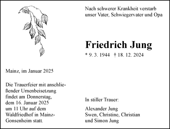 Traueranzeige von Friedrich Jung von Allgemeine Zeitung Rheinhessen-Nahe