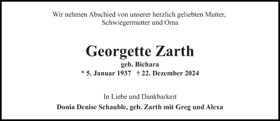 Traueranzeige von Georgette Zarth von Wiesbadener Kurier