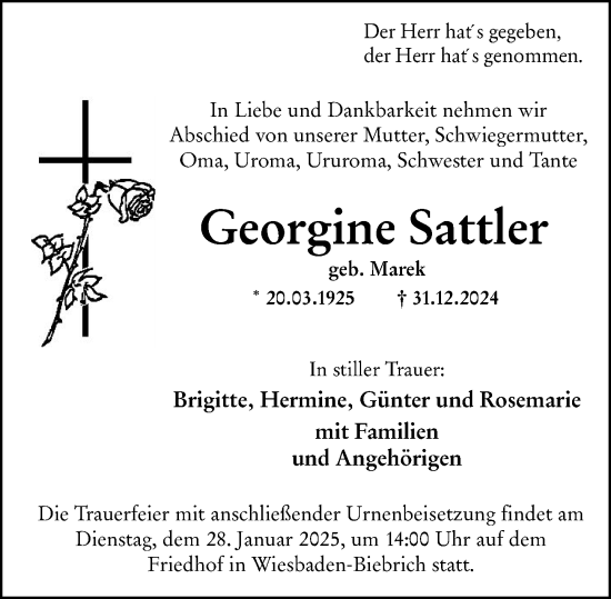 Traueranzeige von Georgine Sattler von Wiesbadener Kurier